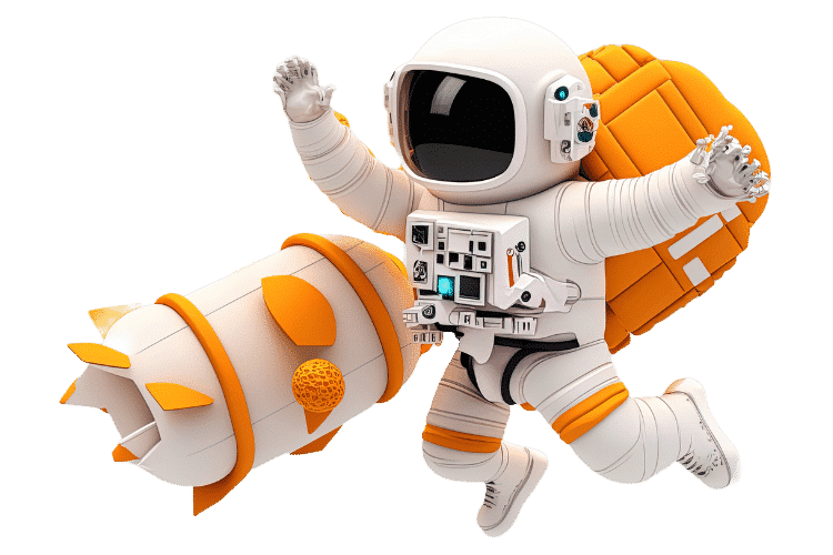 a space  man with a rocket behind him