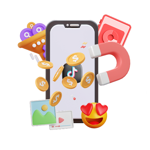 a phone that shows the tiktok logo with a magnets attracting money in front