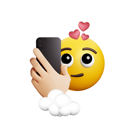 a smiley emoji face looking at a phone