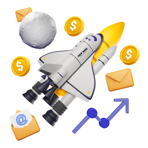 a yellow  rocket surrounded by money and emails