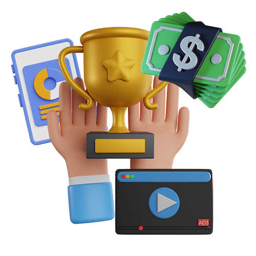 hands  holding a trophy with money to the right