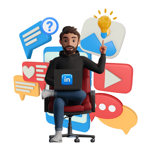 Cartoon  illustration of a man sitting down with the linkedin logo